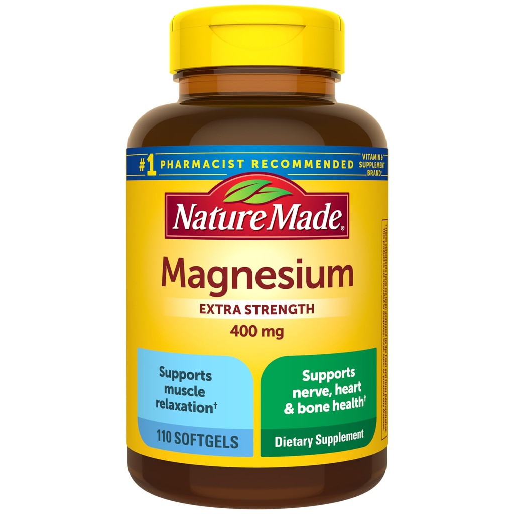 Nature Made Magnesium Oxide 400 mg Softgels, Extra Strength Magnesium Suplementos para Hombres y Mujeres, Apoyo para el Muscle, Nerve, Bone y Corazón, 110 Day Supply
