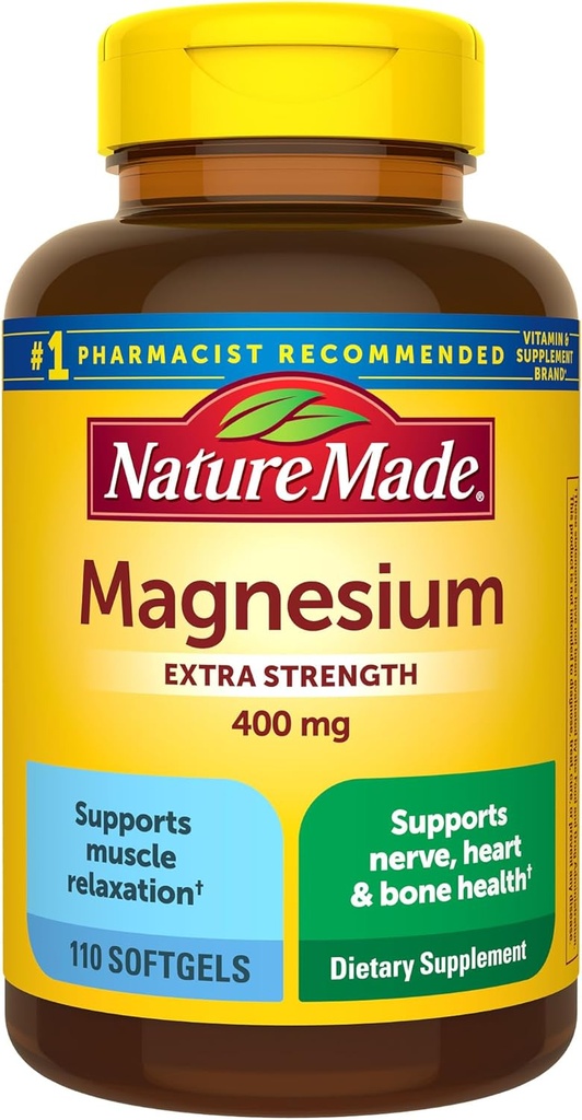 Nature Made Magnesium Oxide 400 mg Softgels, Extra Strength Magnesium Suplementos para Hombres y Mujeres, Apoyo para el Muscle, Nerve, Bone y Corazón, 110 Day Supply