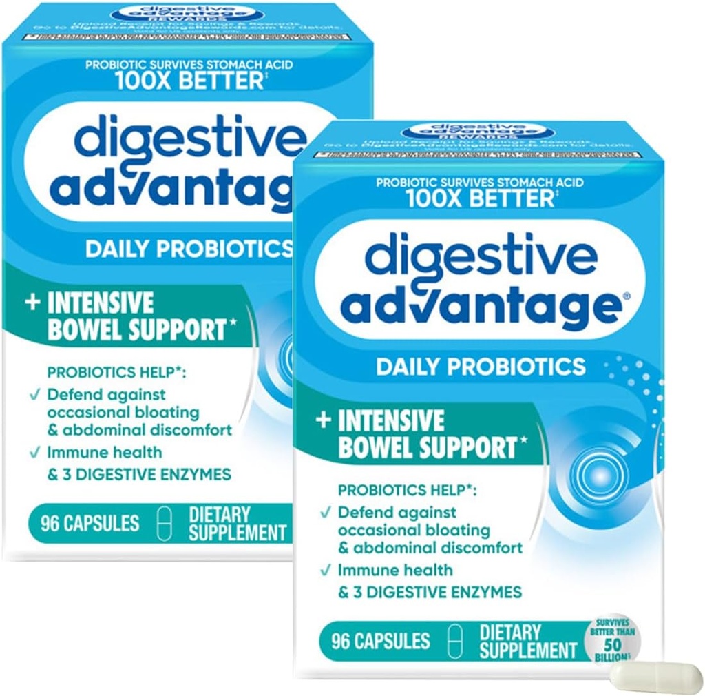Beneficios Digestivos Probióticos para la Salud Digestiva &amp; Soporte Intensivo de Tazón, para Mujeres &amp; Hombres con Enzimas Digestivos, Apoyo a la Salud Ocasional, Capsules 96ct (2)
