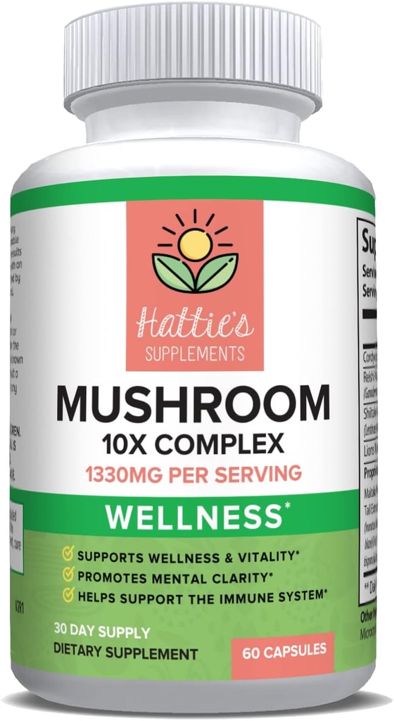 Suplementos de Hattie Mushroom 10x 1330mg, 60 cápsulas