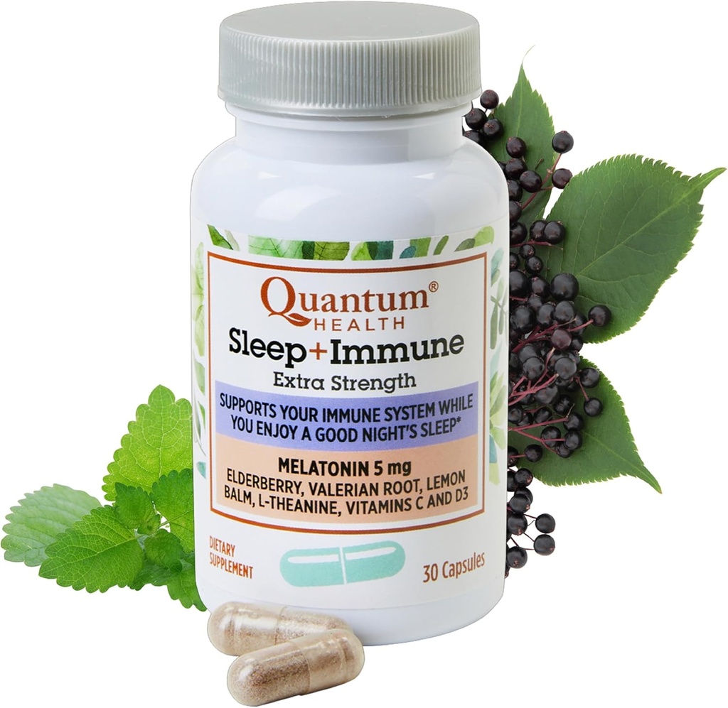 Quantum Health Sleep Immune Melatonin 5mg Support Suplemento L Theanine Valerian Root + Elderberry Vitamin C &amp; D Immunity Boost Daily Whole Body Wellness for Women &amp; Hombre - 30 cápsulas