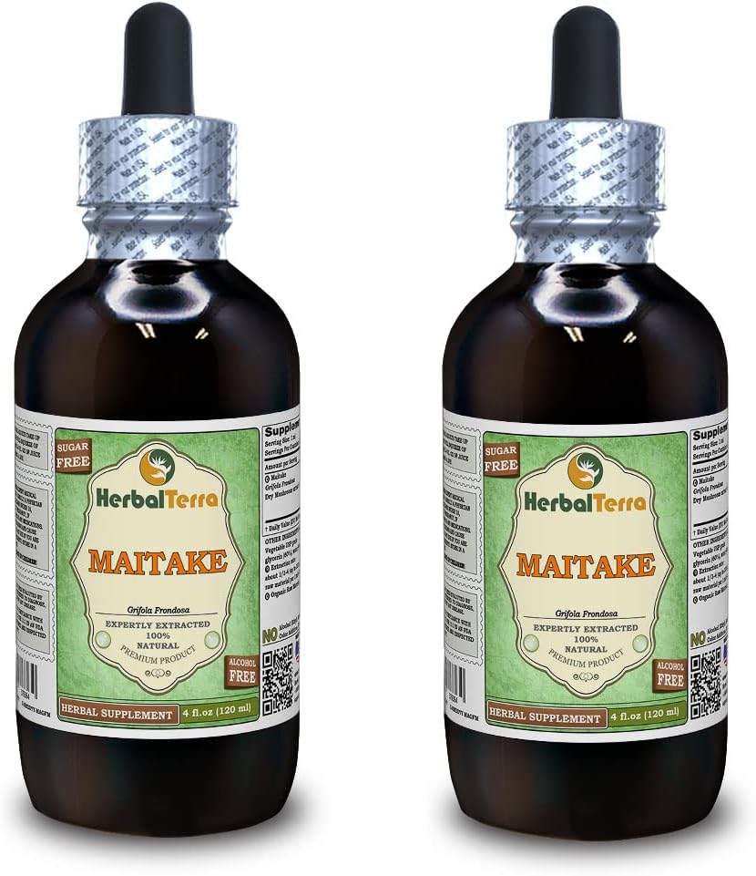 Maitake (Grifola Frondosa) Glycerite, Organic Dried Mushroom Alcohol-Free Liquid Extract (Brand Name: HerbalTerra, Proudly Made in USA) 2x4 fl.oz (2x120 ml)
