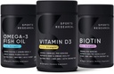 Investigación Deportiva Triple Fuerza Omega 3 Burpless Fish Oil 1250mg de Wild Alaska Pollock, Vitamina D3 5000 UI con Coconut MCT Oil (125mcg) y Vegan Biotin 5000mcg Vitamina B7-30 Softgels Cada uno