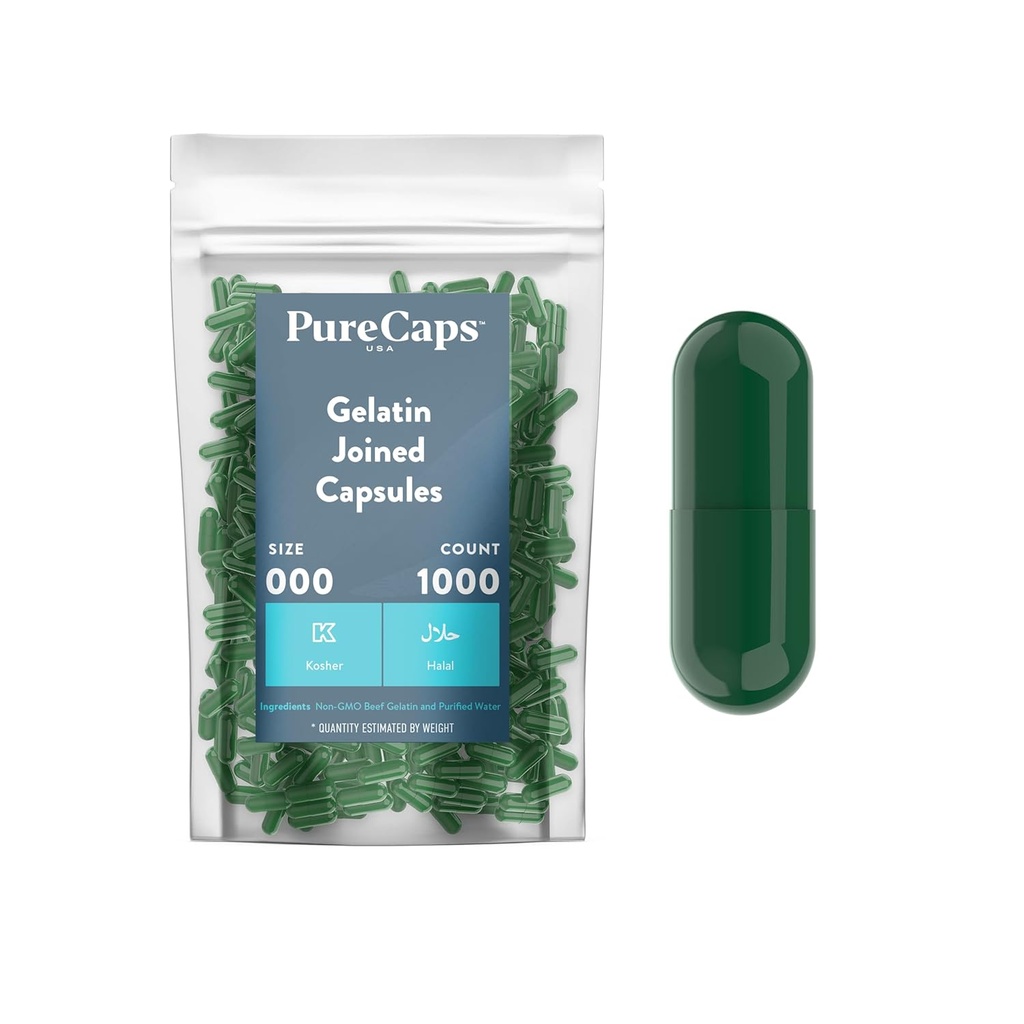 Purecaps USA - Empty Gelatin Pill Capsules Size 000 sometida 1,000 Únete Pills Todd Green sometida Non-GMO Certified peru SLS, Gluten, Preservative Free