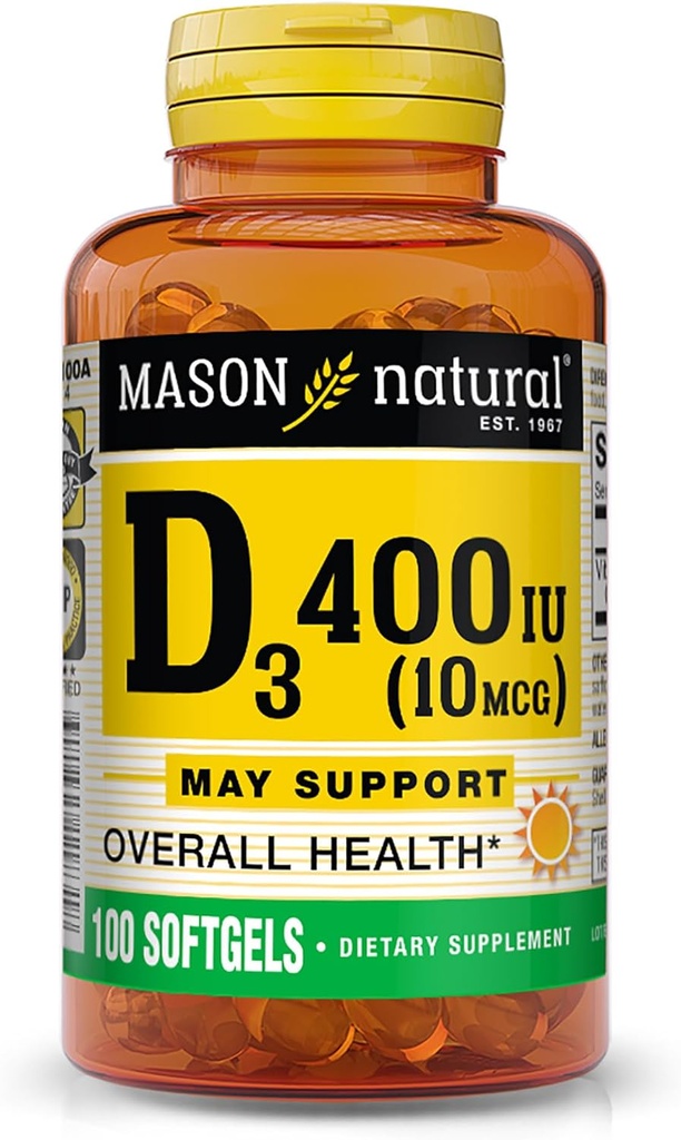 MASON NATURAL Vitamina D3 10 mcg (400 UI) - Apoya la salud general, fortalece los huesos y los músculos, 100 Softgels