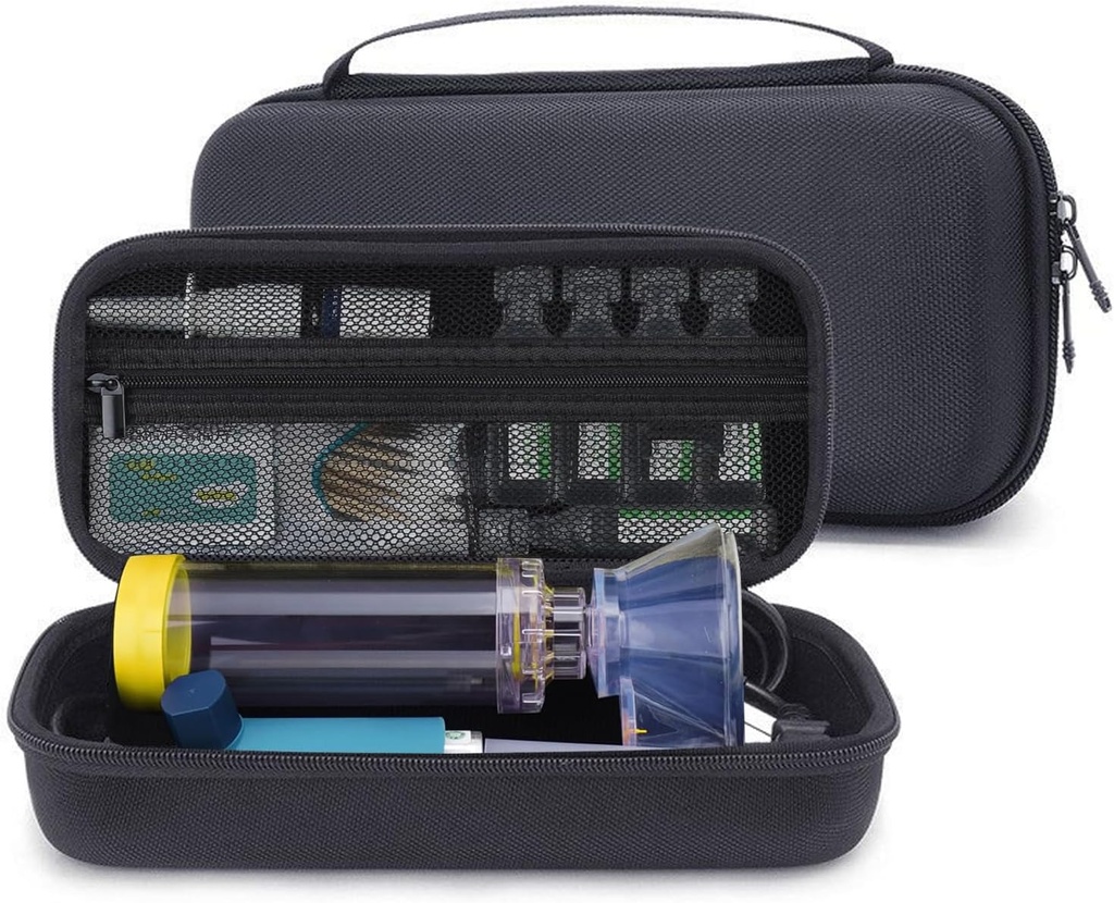 Caso de viaje duro para el inhalador de asma, espaciador para niños y adultos, máscaras, inhalador de inhalador de bolsa de carga portátil organizador con bolsillo de malla para medicina, medicamentos de alergia, inhalador de ventolina (CASE SOLAMENTE)