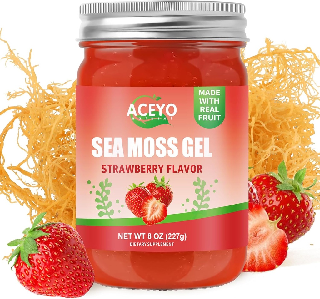 (8 OZ) Natural Sea Moss Gel Raw Strawberry Flavor Irish Seamoss Gel Vegan Women Men 102 Vitaminas y Minerales Wild Harvested Non-GMO Immune Defense Booster Lung Thyroid Digestive Support