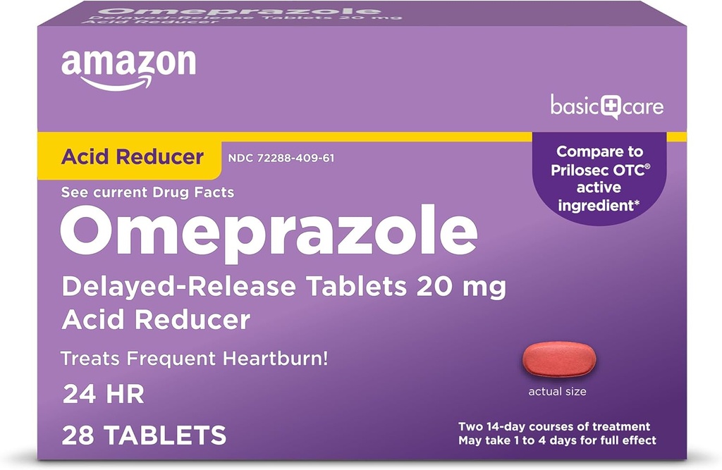 Cuidados básicos Omeprazole Delayed Release Tablets 20 mg, Treats Frequent Heartburn, Acid Reducer, Heartburn Medicine, 28 Count (Packaging may vary)