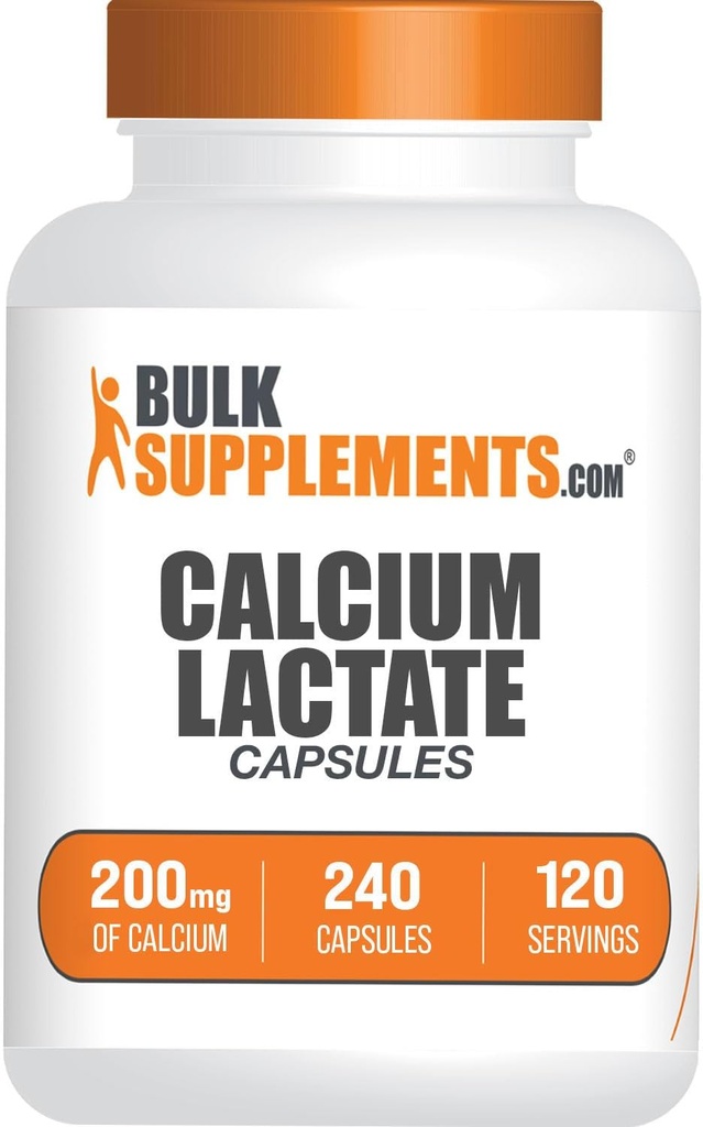 BulkSupplements.com Calcium Lactate Capsules - Suplemento de calcio, 200 mg de calcio - Suplemento de lactato de calcio, 2 cápsulas por servicio - Suministro de 120 días, 240 cápsulas