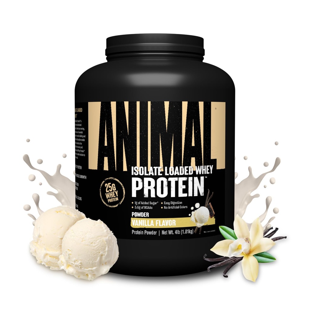 Animal Whey Isolate Protein Powder - Cargado para Pre &amp; Post Workout Muscle Builder y recuperación con enzimas digestivas para hombres &amp; mujeres - 25g Proteína, gran sabor, bajo azúcar - Vainilla 4 libras