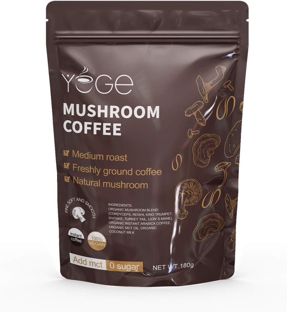 Café de seta, Café de seta instantáneo con Cordyceps, Reish, King Trumpet, Shitake, Turquía Tail, Lions Mane for Energy, Focus, Positive Mood &amp; Immune Support (30 Servings)
