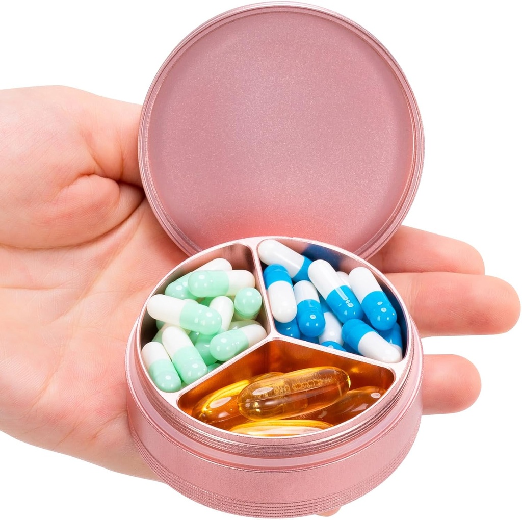 Caja de Píldora de Metales 3 Compartimiento - Pequeño Contenedor de Píldoras A prueba de Agua Portable Caja de Píldora de Píldora Rosa Púrpura Medicina Organizador Titular para Medicación Vitaminas Aceites de Pesca