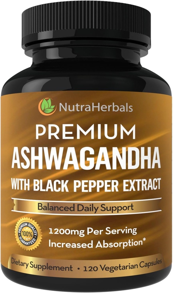 Suplemento de Ashwagandha Hecho con la prima Ashwaganda Root Powder 1200mg con Black Pepper Extracto para aumentar la absorción - 120 cápsulas de Vegi