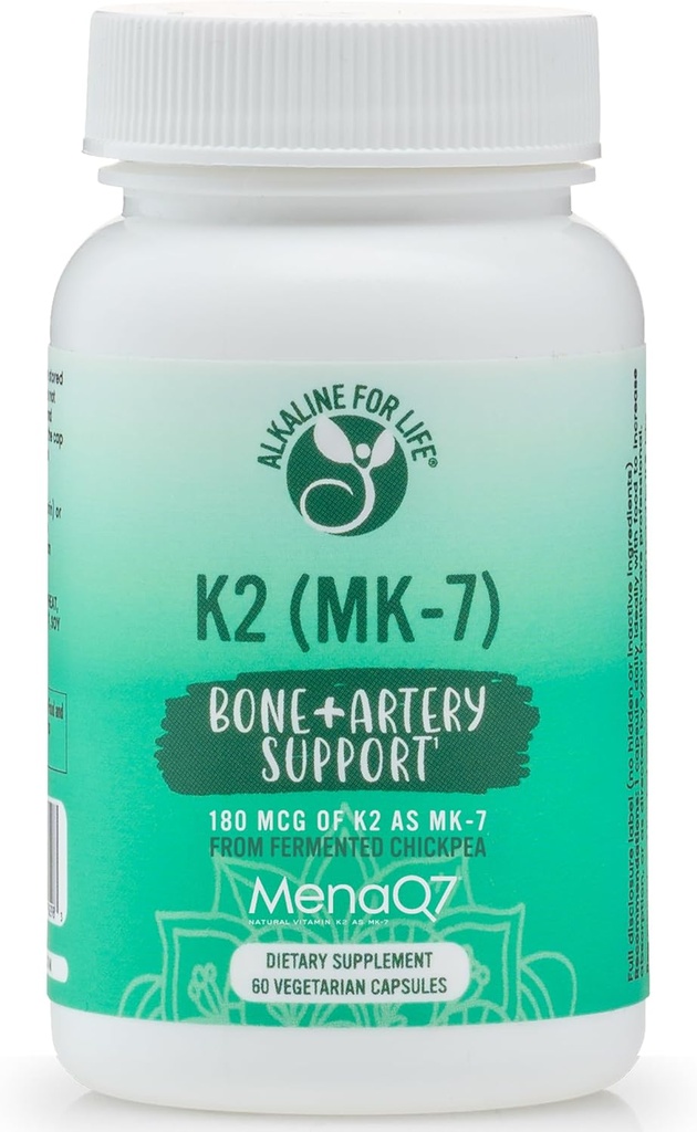 Alkaline for Life Vitamin K as MK-7 tolera Natural Vitamin K2 from Fermented Chickpeas MENAQ7 180 mcg ←Un día para siempre 60 Day Supply Supports Bone &amp; Heart Health TENIENDO Easy to Swallow