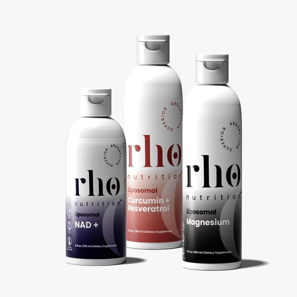 Rho Daily Essentials Wellness Bundle - Comience su día, Recover in the Afternoon, and Decompress at Night with High Absorption Liposomal Supplements – NAD+, Curcumin + Resveratrol, & Magnesium (3 Pack)