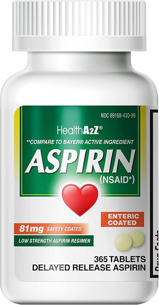 HealthA2Z® Aspirin 81 mg  Low Strength ← Enteric Coated ← Resistente contra el dolor de cabeza Reducir el dolor muscular de los dolores menores