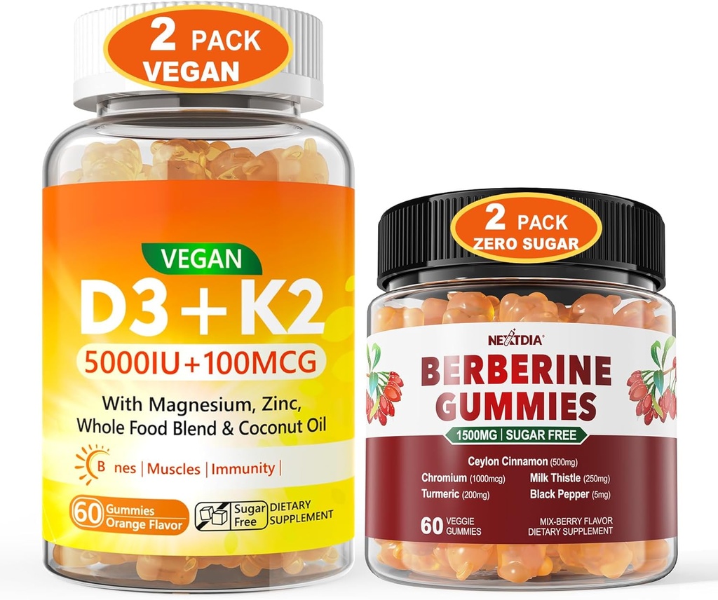 2Pack Vegan Vitamina D3 5000IU K2 Gummies+ 2Pack Berberine Suplemento 1500mg Gummies