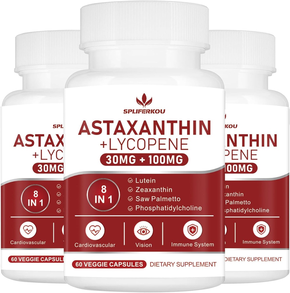 Astaxanthin y Lycopene 70mg,Astaxanthin Suplemento con Phosphatidylcholine, Lutein y Zeaxanthin, Powerful Antioxidants Suplemento (180 cápsulas)