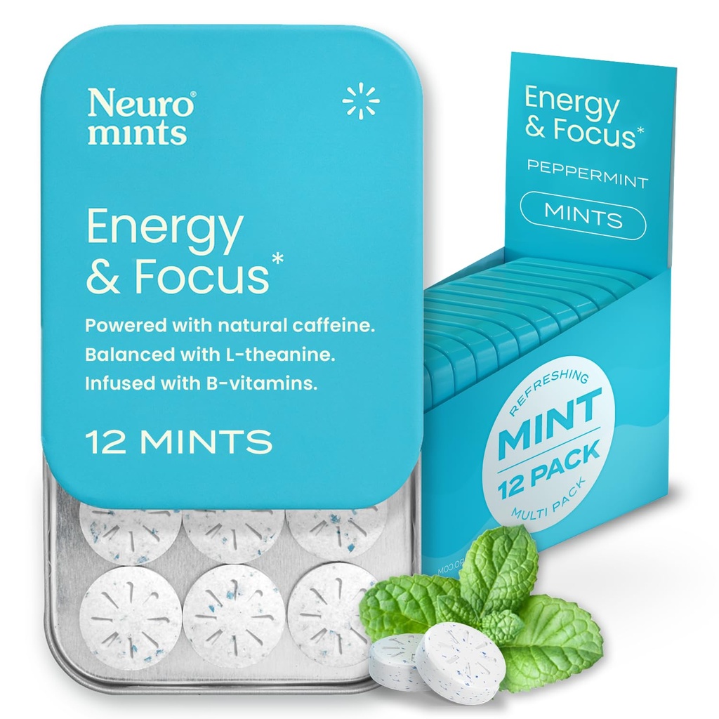 NeuroGum Energy Caffeine Mints (144 piezas) - Azúcar gratis con L-theanine + Caffeine natural + vitamina B12 &amp; B6 - Nootropic Energy & Focus Supplement for Women & Hombre - Keto & Vegan, Peppermint Flavor
