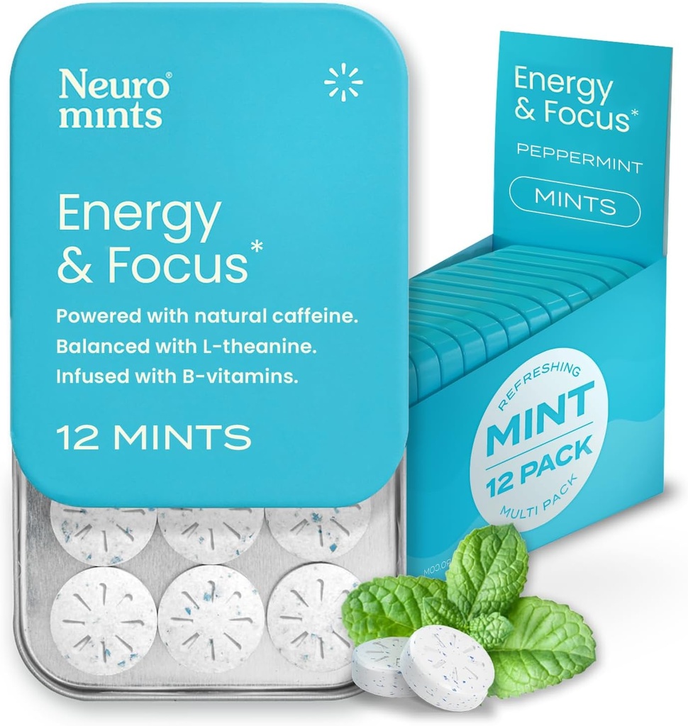 NeuroGum Energy Caffeine Mints (144 piezas) - Azúcar gratis con L-theanine + Caffeine natural + vitamina B12 &amp; B6 - Nootropic Energy & Focus Supplement for Women & Hombre - Keto & Vegan, Peppermint Flavor
