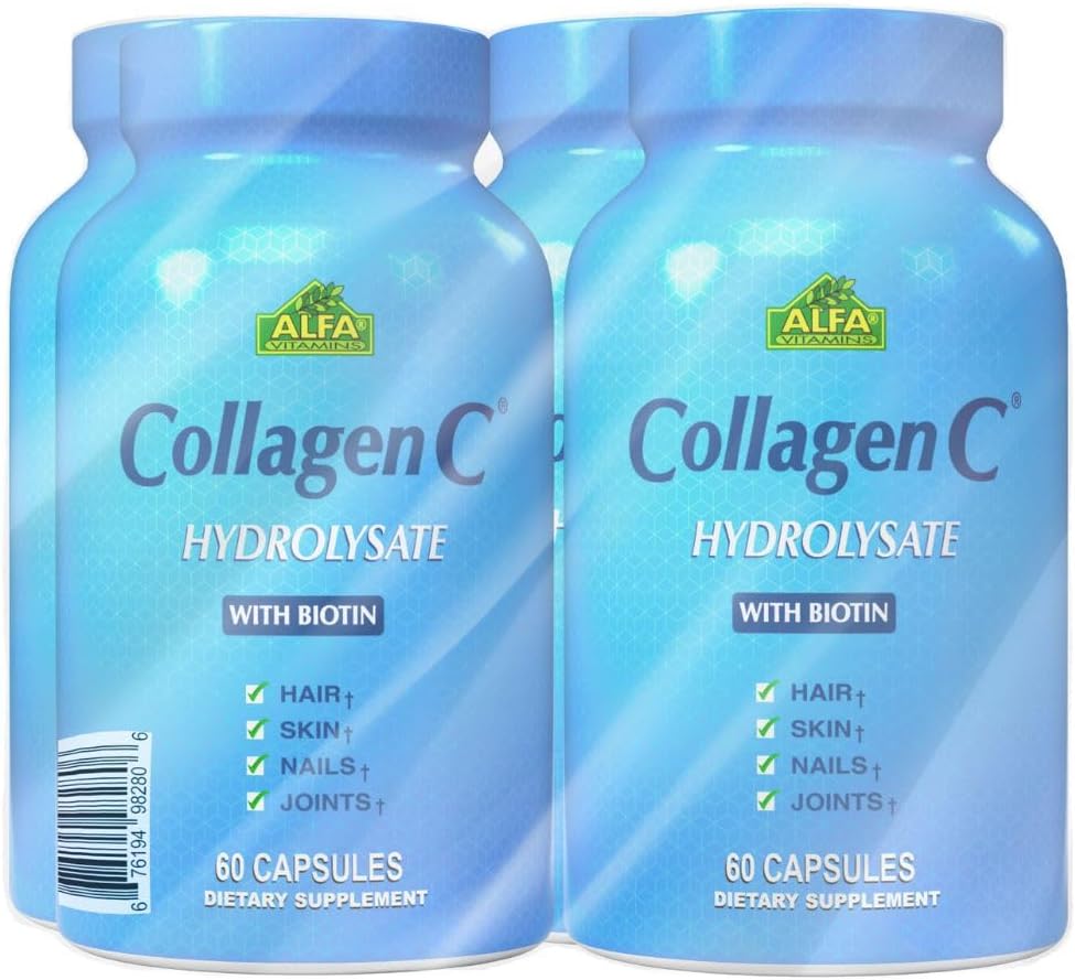 CollagenC Hydrolysate - Collagen Capsules 4 Pack con Biotina & Vitamina C - 60 cápsulas por botella para la piel, el pelo, las uñas, el aislamiento &amp; soporte conjunto - 4 Pack
