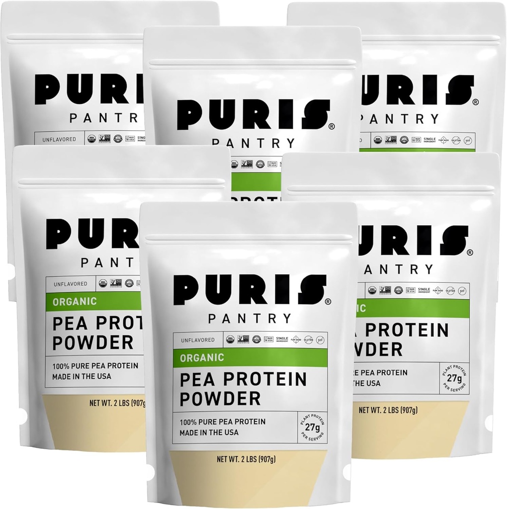 PURIS Orgánica Pea Protein Powder – USDA Orgánica Vegan Protein  27g Plant Protein Por Serving ← No Gluten-Free Soy-Free ← Limpiar label Silenciosa Pruebe 2 lb (6 Pack)
