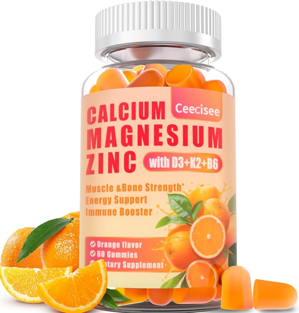 Calcio Magnesio Zinc Gummies con D3 &B6 &K2, 1000mg Calcium Gummies con 300mg Magnesium Support Immune Energy for Adults and Teens,Sugar Free(60 Count)