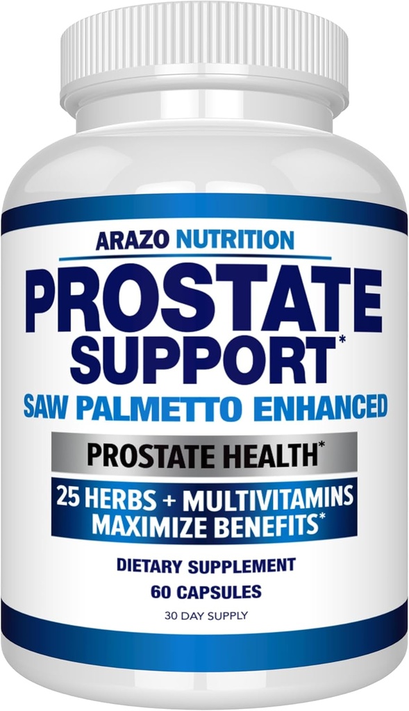 Suplemento de la próstata de Arazo Nutrition - Saw Palmetto + 25 Herbs - Reducir la orina frecuente, Reducir la pérdida del cabello, Soportar resistencia – Único extracto de hierbas homeopáticas Suplementos de salud - Cápsula o píldora