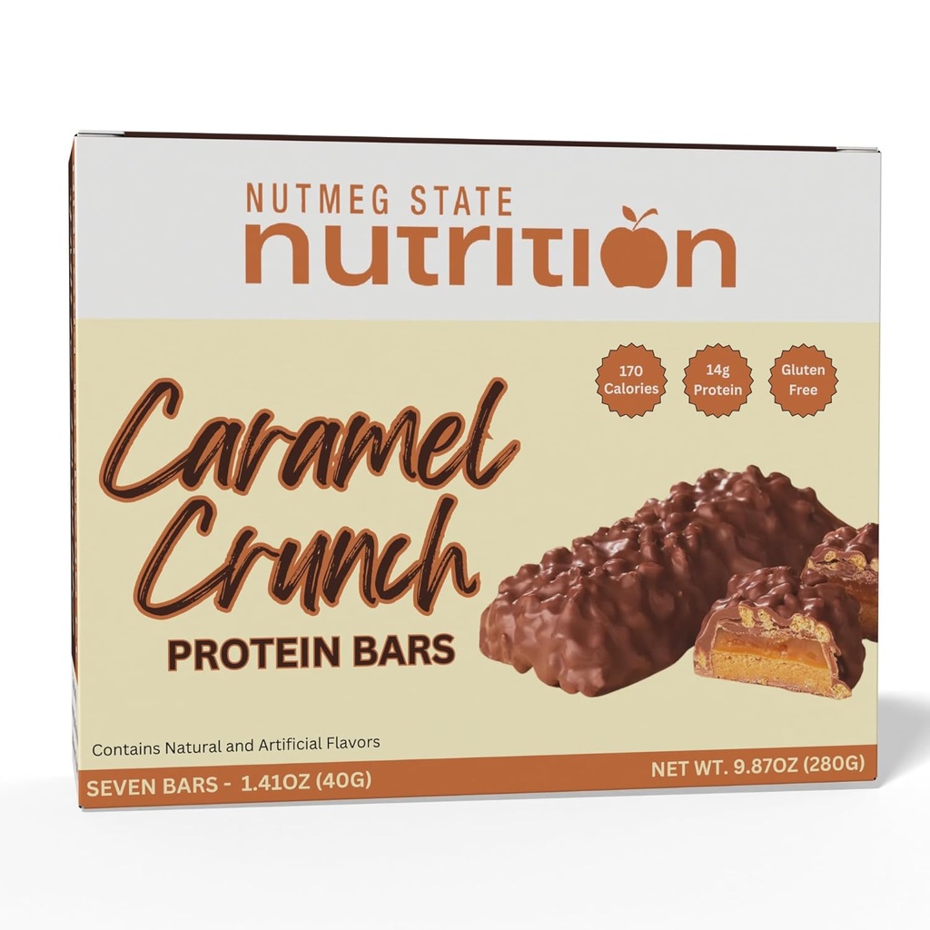 Nutmeg State Nutrition - High Protein Bars, Gluten Free, Low Cholesterol, Low Sodium, Low Sugar, Ideal Protein Compatible, 7 Servings Por Box (Caramel Crunch)