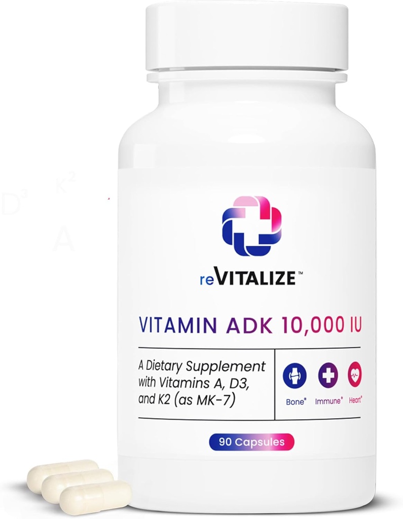 Suplemento de vitaminas ADK 10,000 UI - 90 Servimientos, vitamina A de alta potencia, D3 &amp; K2 (MK-7) para la fuerza ósea voca Apoya la salud cardíaca y la función de inmunodeficiencia - Formulario de cápsula conveniente