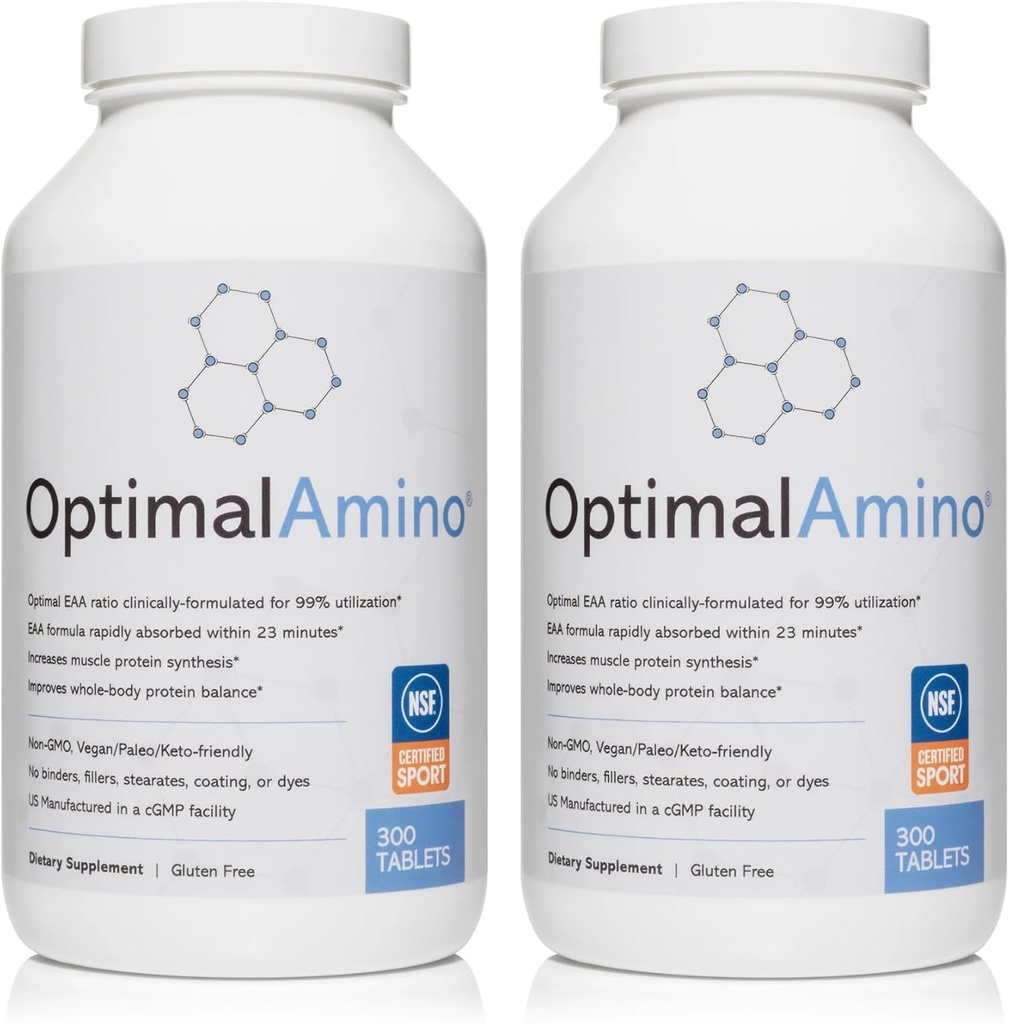 OptimalAmino Tablets Fitness Bundle (600 Conde) Silencio 99% Utilizado Aminoácidos esenciales (EAA) Suplemento Silencioso Aumentar la recuperación muscular, BCAA Protein Pre/Post Workout, NSF certificado para Sport® certificado