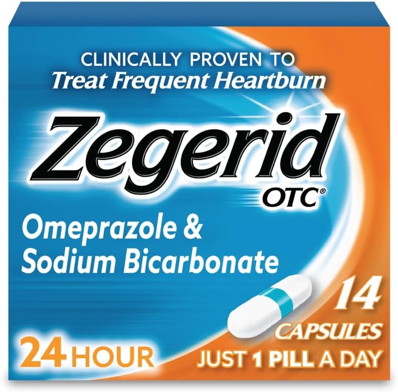 Zegerid OTC 24-Hour Heartburn Relief, The Only Proton Pump Inhibitor with Omeprazole 20mg + Sodium Bicarbonate, Treats Frequent Heartburn, 14ct Capsules