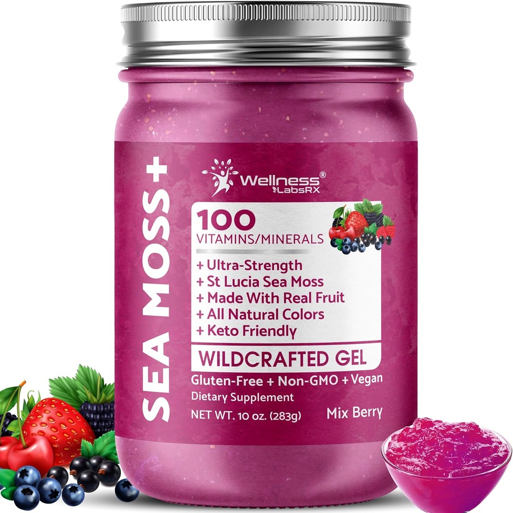 WELLNESS LABSRX Irish Sea Moss Gel Raw - Wildcrafted Superfood Seamoss Gel - Mix Berry Flavor, Vitamina y Mineral-Rich de Pristine Caribbean Waters, Immune y Digestive Health Support - 10 oz.