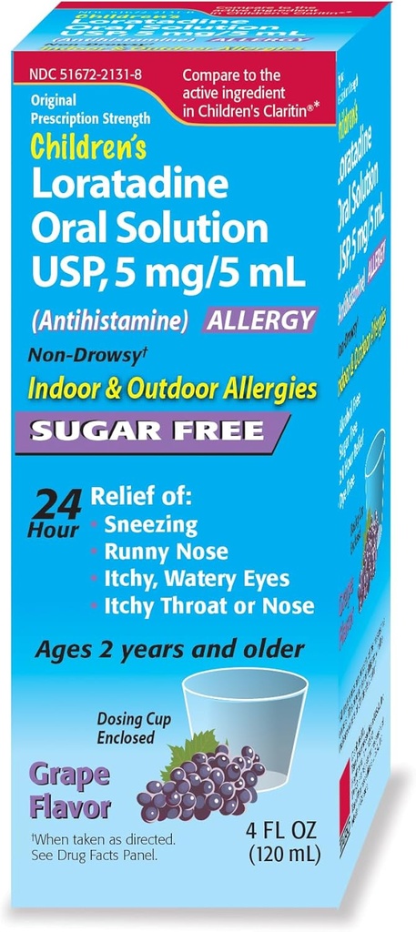 Solución Oral Infantil, Sabor Grape, Alivio 24h No Dolor, Runny Nose, Itchy Watery Eyes, Itchy Throat o Nose, Antihistamine, Indoor &amp; Alergias al aire libre