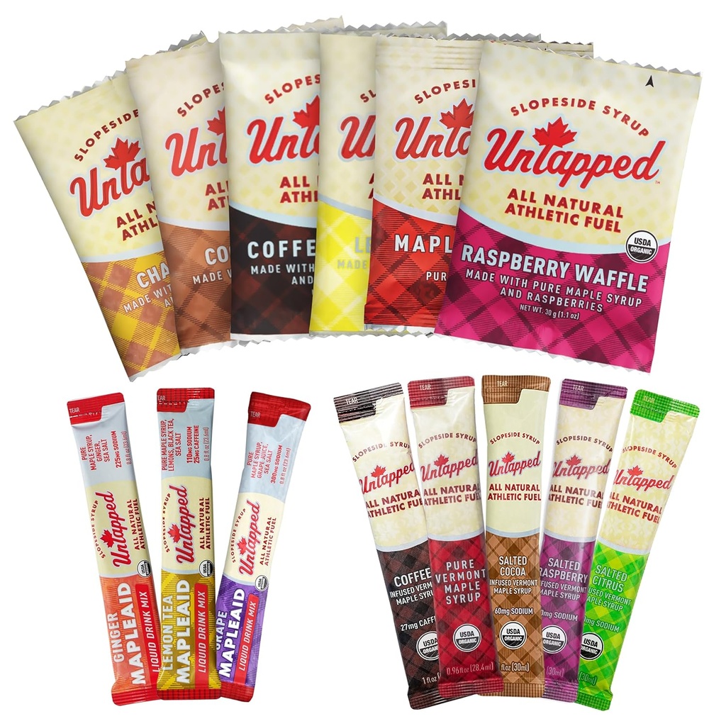 UnTapped Sample Pack - 14 Individualmente Wrapped Packets ¦ Incluye All-Natural Maple Syrup, Vegan Stroopwafels & Hydration Mixes ← Assorted Pack for Sustained Energy & Recovery  USDA Organic Certified