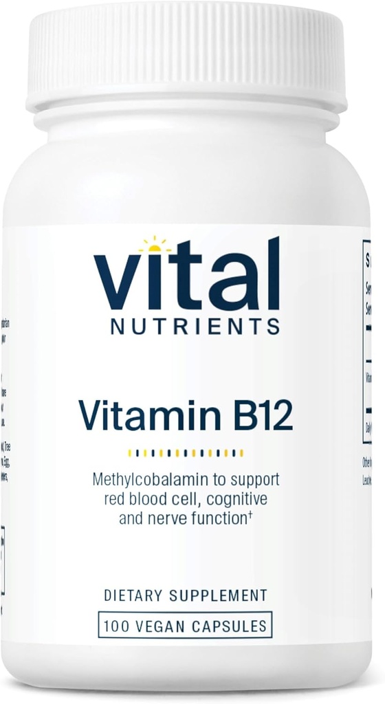Nutrientes vitales Vitamina B12 1000mcg - Vegan - Metilcobalamina para el metabolismo, Cognitivo &amp; Nervous System Health* - Suplemento B12 de alta potencia - Gluten, Dairy, Soy Gratis - 100 cápsulas