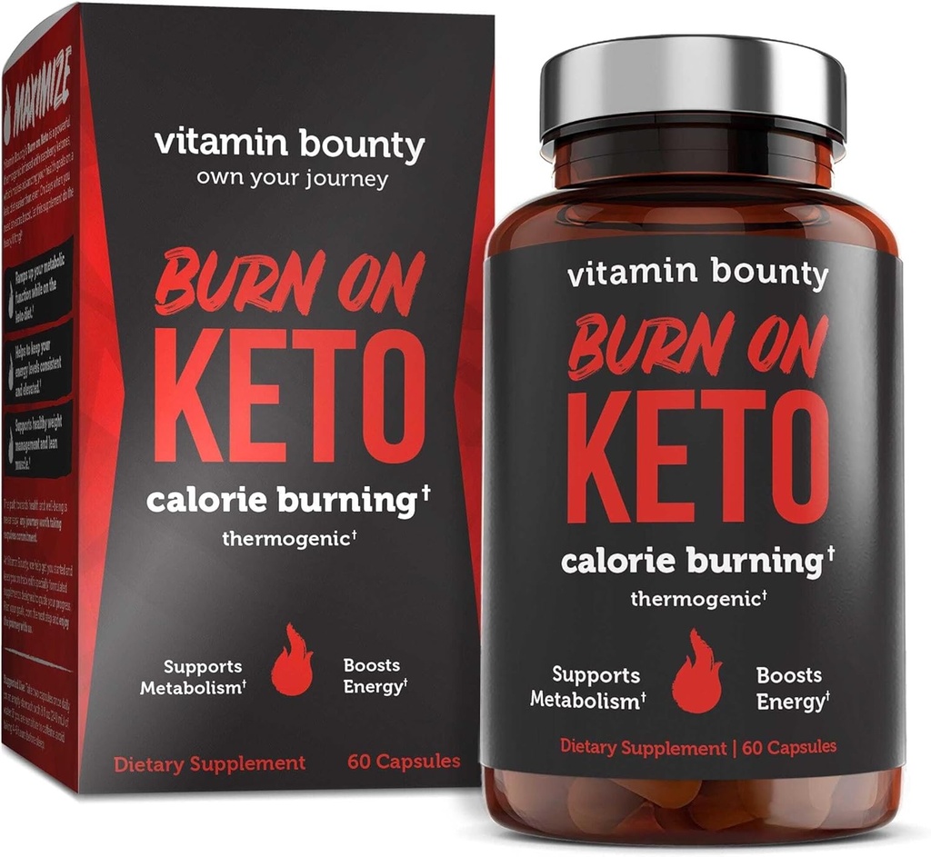 Vitamina Bounty Burn On Thermogenic Keto Fat Burner for Men & Mujer - Weight Loss Suplemento con Raspberry Ketones - Metabolism Booster, Energy Pills, Appetite Suppressant - 60 cápsulas