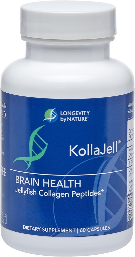Longevidad por naturaleza, KollaJell Collagen Peptides Suplemento cerebral, pilas de memoria y suplemento de enfoque para la salud cerebral y el apoyo cognitivo, 60 cápsulas
