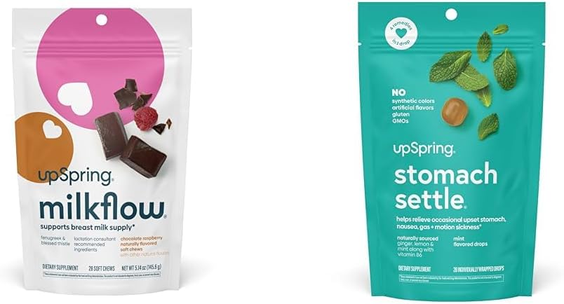 UpSpring Milkflow SoftChews, Breastfeeding Supplement with Fenugreek & Beat Thistle + UpSpring Stomach Settle Drops for Occasional Nausea Relief/Upset Stomach with Ginger, Lemon, Spearmint, and B6.