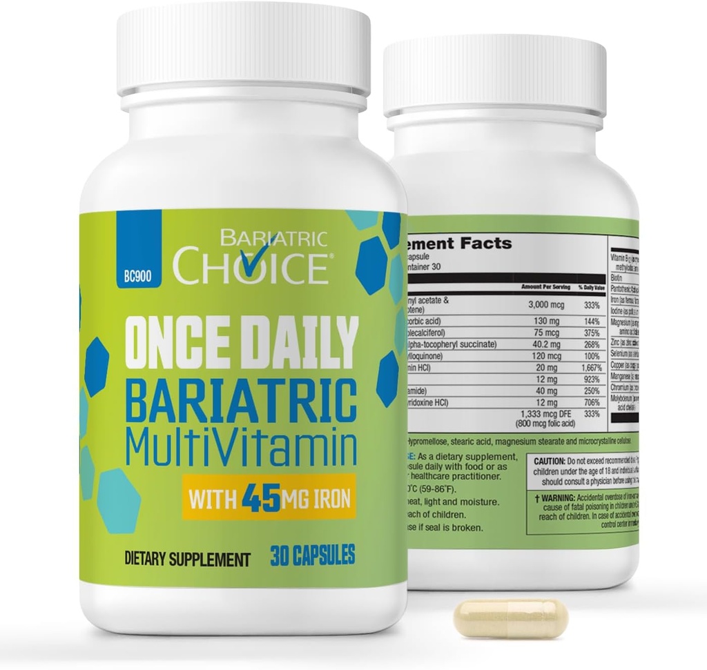 Bariatric Choice Once-Daily Bariatric Multivitamínico con 45 mg de Iron tóxico Fácil de Tragar Cápsula tóxica Vitamina para Cirugía Bariatrica Pacientes TEN 30 Conteo (1-Mes de Suministro)