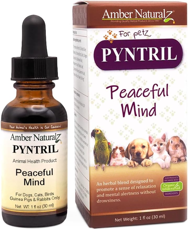 AMBER NATURALZ Pyntril Peaceful Mind Herbal Supplement for Dogs, Cats, Birds, Guinea Pigs, and Rabbits ← Herbal Pet Supplement for Relaxation ← 1 Fluid Ounce Glass Bottle  Manufactured in The USA