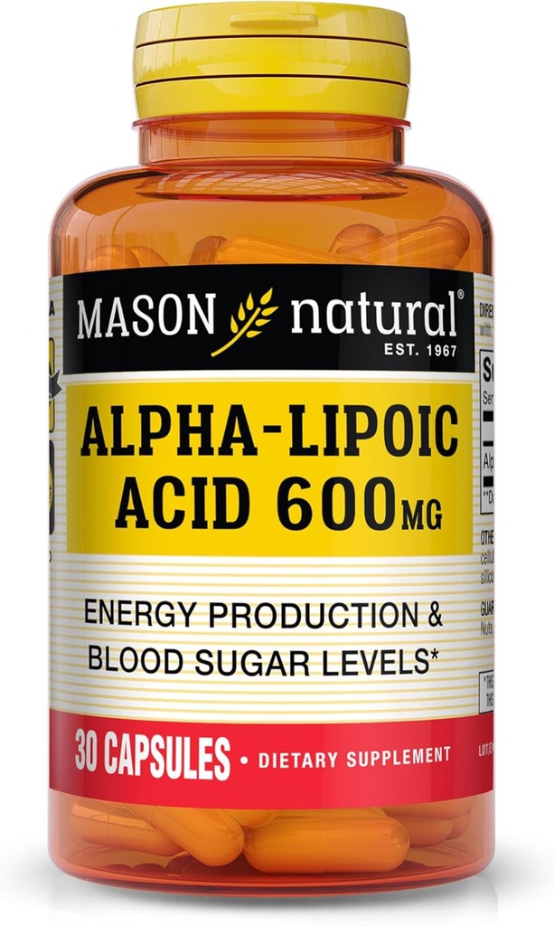 MASON NATURAL Alpha Lipoic Acid 600mg por Serving, Gluten Free ALA Suplemento, 30 cápsulas