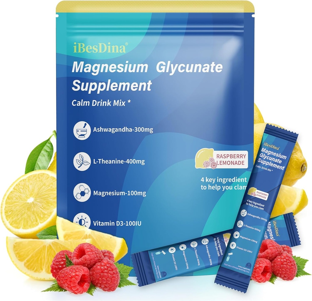 Suplementos de Cortisol para Mujeres,Calm Drink Mix,Magnesium Glycinate,Ksm-66 Ashwagandha,Vitamin D 3, 20 Sobre los paquetes Go,Raspberry Lemonade,Suplementos para la relajación sueño