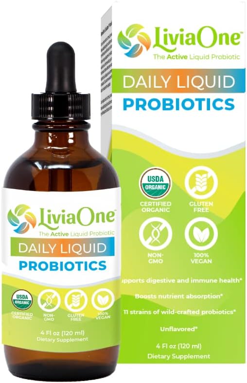 LiviaOne Probióticos líquidos diarios, Probióticos orgánicos certificados por USDA, Probiótico vegetariano libre de alérgenos y gluten para mujeres y hombres, no transgénicos y brutos, 4 Fl Oz (Pack of 1)