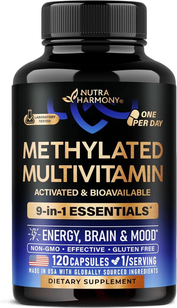 Multivitaminas metiladas - B2, B6, 5-MTHF " B12 ANTE Antioxidantes C " E TENIDO Vitamina D3 " K2 - para hombres y mujeres - 9-en-1 MTHFR Suplemento con TMG - Energía, Cerebro &amp; Mood - Vegan - Made in USA - 120 cápsulas