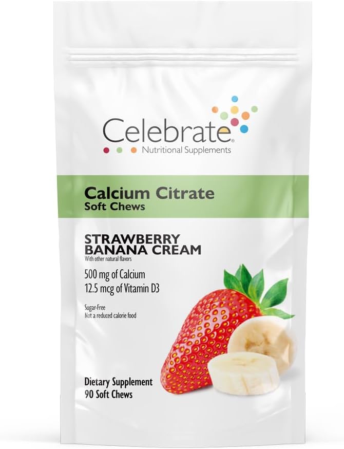 Celebrar vitaminas Bariatric 500mg Calcio Citar cerdas suaves con 500 UI Vitamina D3 – Esencial para el bypaso gástrico Pacientes " Bone Health - Azúcar " Gluten Free, Strawberry Banana Cream (90 Chews)