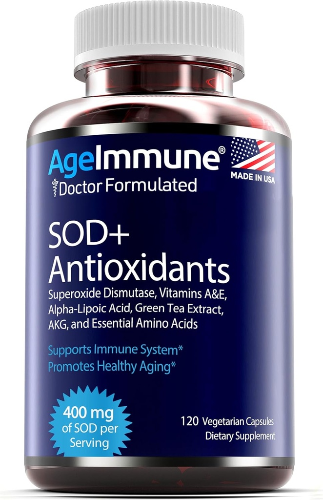 Antioxidantes de SOD Complejo Suplemento de envejecimiento saludable - 400 mg de dismutase de superóxido - Ácido lipoico alfa - Extracto de té verde - L-Arginina - Lysine - AKG - Vitaminas A y E para cápsulas Immune Support-120