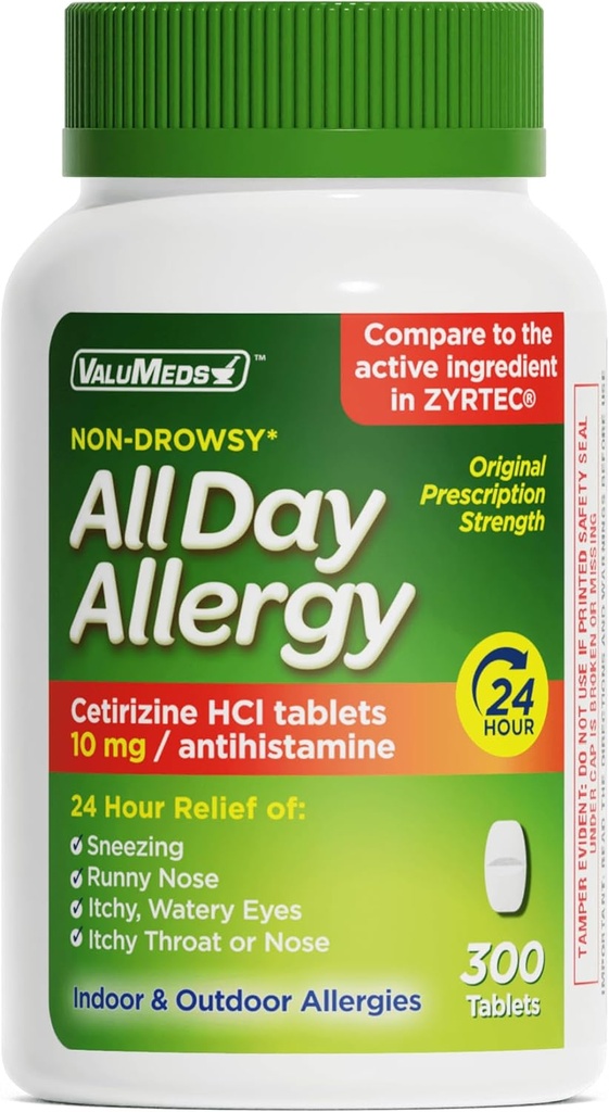 ValuMeds 24-Hour Alergy Medicine Antihistamine for Pollen, Hay Fever, Dry, Itchy Eyes, Allergies ¦ Cetirizine HCl 10mg Caplets, Compare to Leading Brand (300 Count)