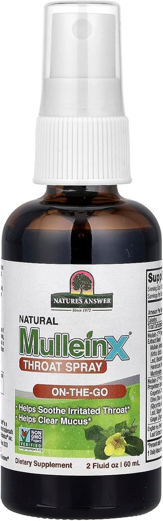 Mullein-X Throat Spray 2 Fluid Ounce ¦ On The Go TEN Soothes Throat TEN Clears Mucus TEN Gluten Free, Non GMO, Vegetarian TEN Natural Peppermint Flavor