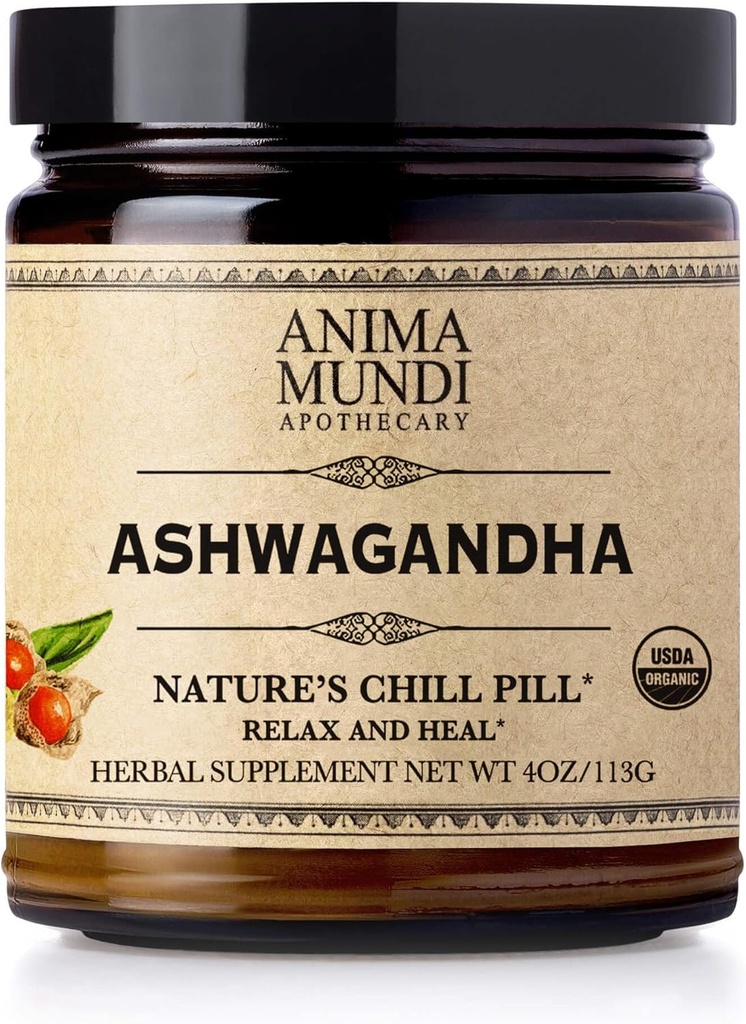 Anima Mundi Ashwagandha Powder - Orgánica Ashwagandha Root Powder Fuente de India - Comúnmente conocido como Indio Ginseng Root Powder - Calming Herbal Suplemento - Añadir a té, café &amp; Más (4oz / 113g)